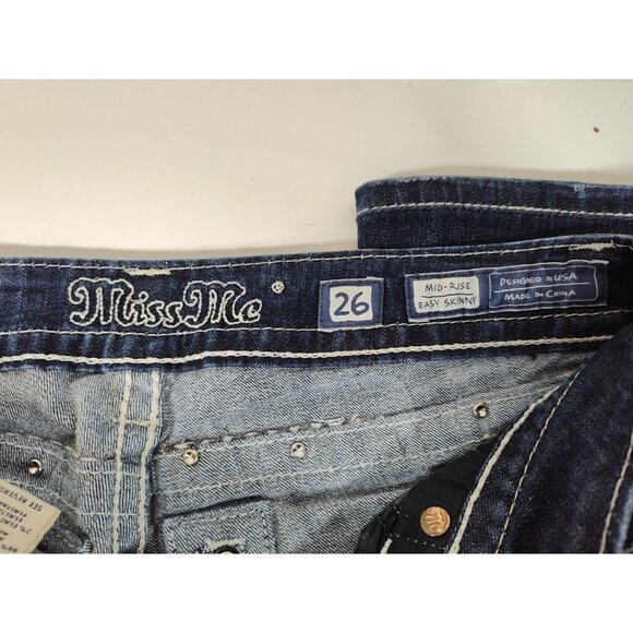 Miss Me Women's Jeans Size 26 Mid Rise Easy Skinny Embellished Pockets Dark Wash - Picture 4 of 12